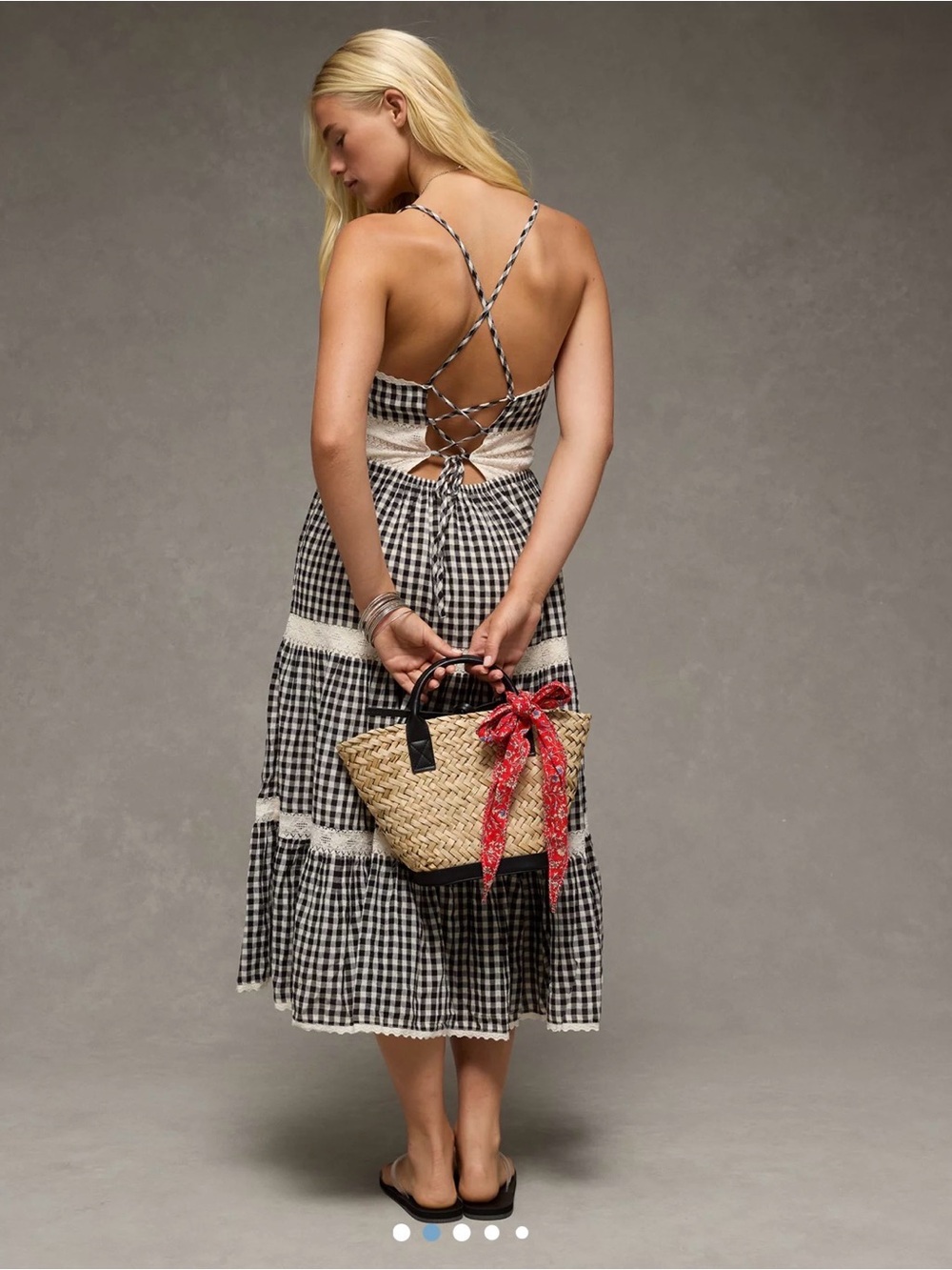 American Eagle Plaid Black Gingham Sundress Midi Tiered Lace Cottage Core M - Picture 2 of 7